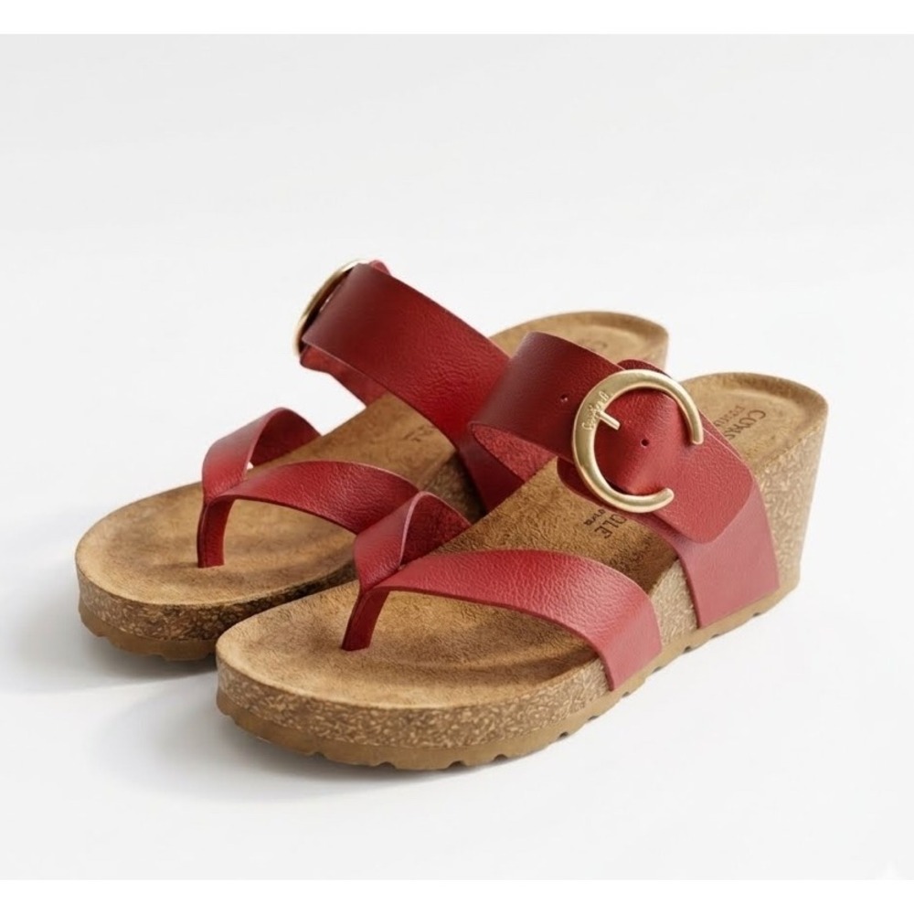 Yokono Red Leather Wedge Sandals Made in Spain Buckle Thong Size 40 EU